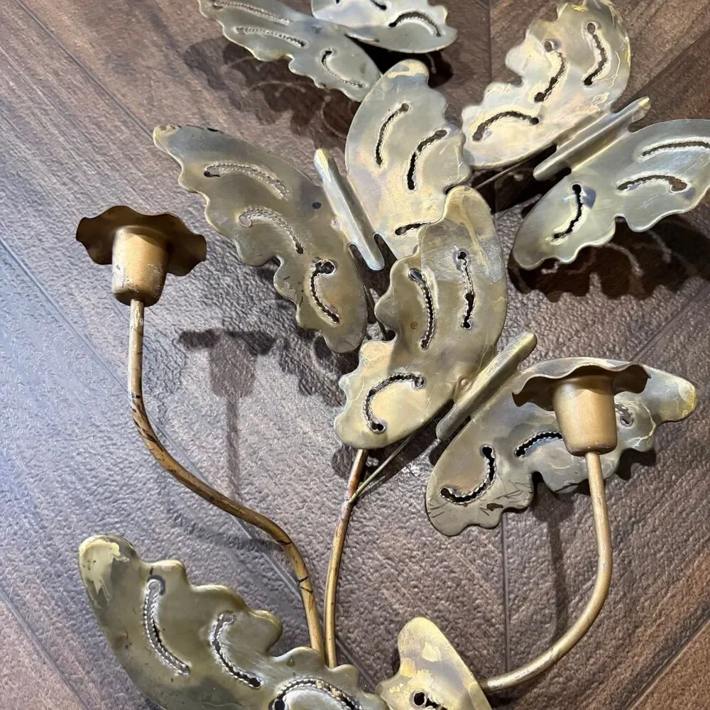 Vintage MCM Brass Butterfly Candle Holder Scone Wall Hanging Decor